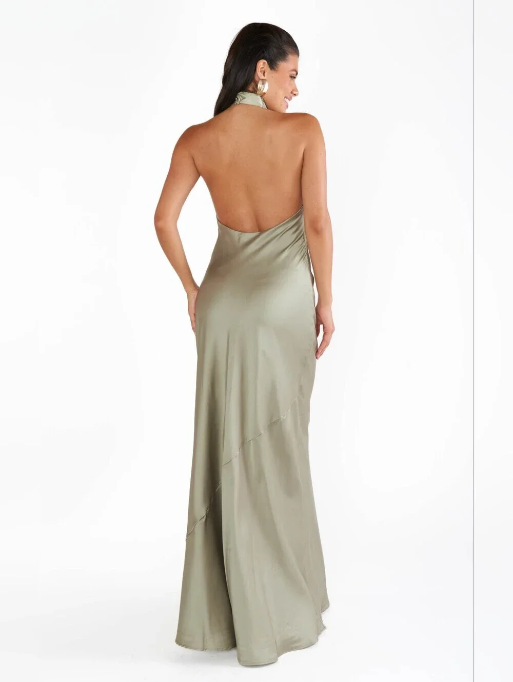 Show Me Your MuMu Jasmine Halter Maxi Moss Green Luxe Satin Dress XS Wedding